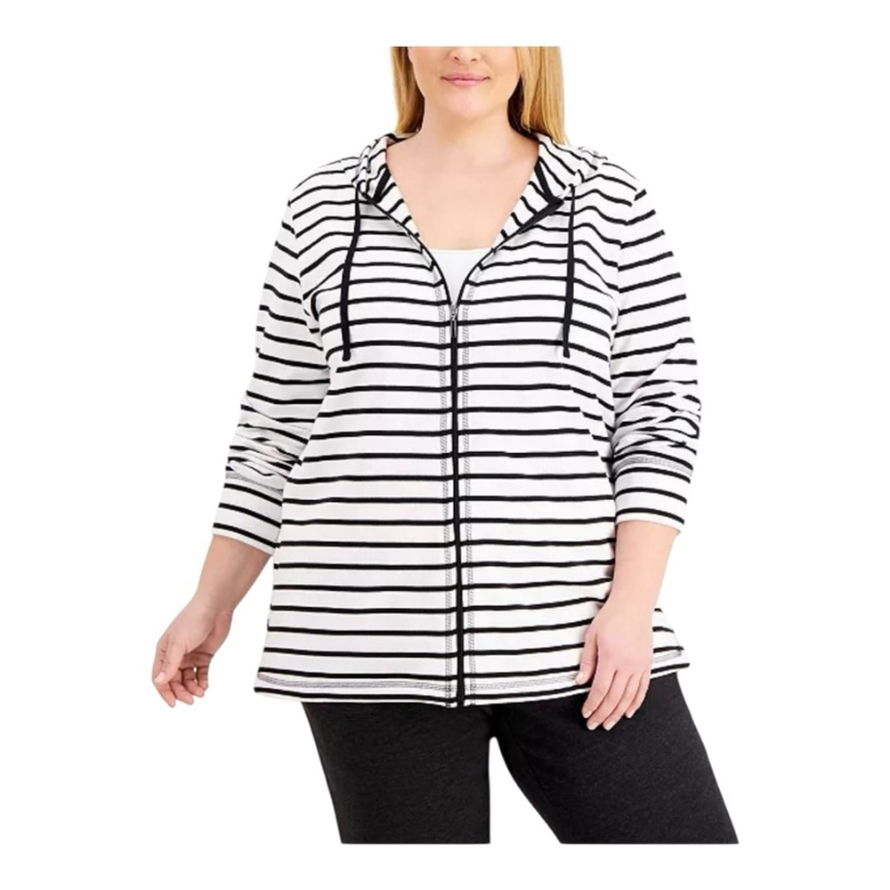 Karen Scott Size 3X Plus Size Striped Zippered Hoodie White & Black NWT